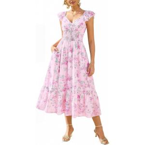 GRACE KARIN Women’s Summer Floral Maxi Dress 2026 Ruffle Sleeve Smocked Sundress Flowy Wedding Guest Long Dresses with Pocket(Light Pink)