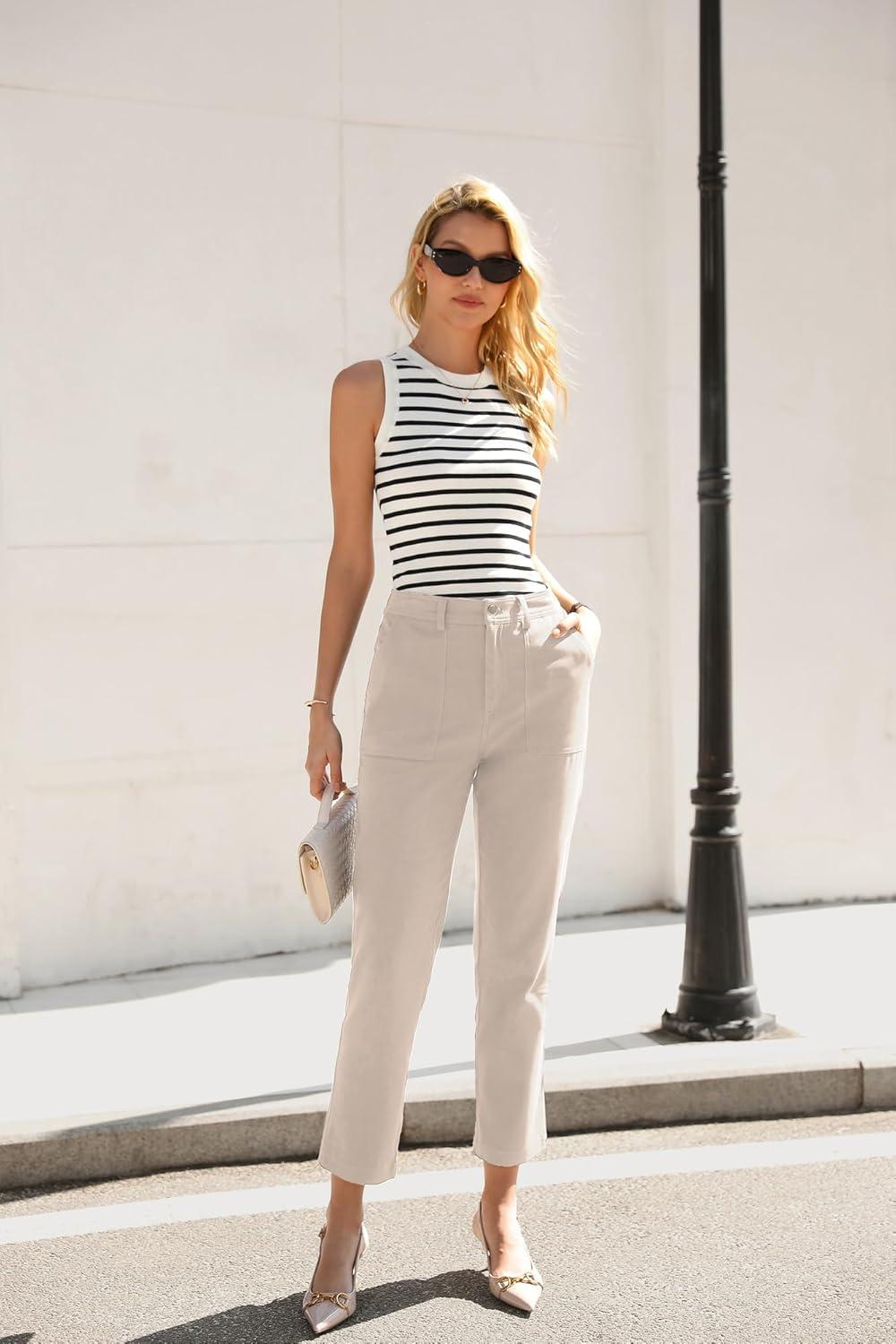 imageGRACE KARIN Womens High Waisted Work Pants Business Casual 2026 Ankle Length Office Dress Trousers with PocketsApricot