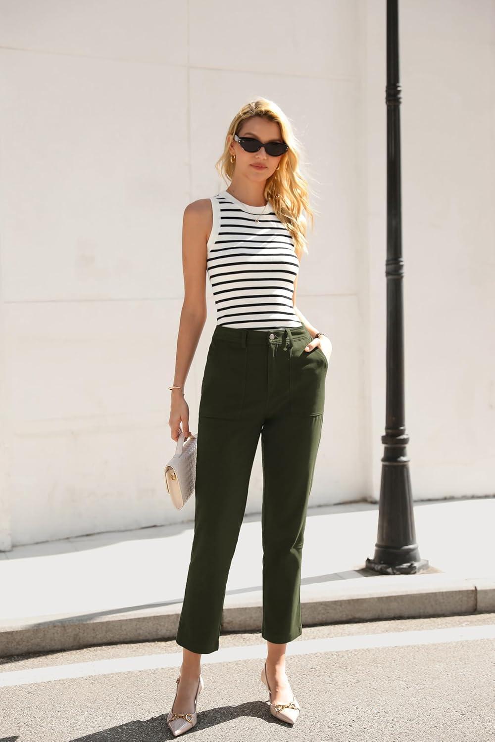 imageGRACE KARIN Womens High Waisted Work Pants Business Casual 2026 Ankle Length Office Dress Trousers with PocketsArmy Green