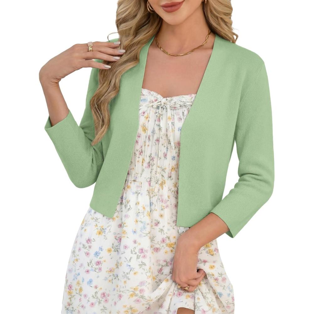 imageGRACE KARIN Womens 34 Sleeve Cropped Cardigan Sweater Lightweight Open Front Dressy Causal Shrug Spring FashionSage Green