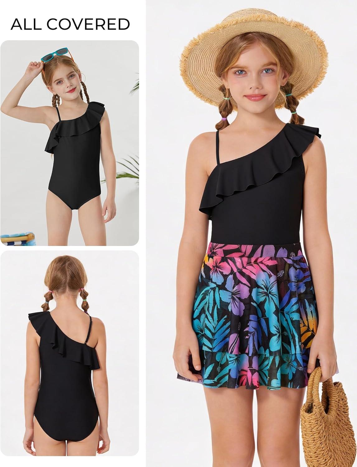 imageGRACE KARIN Girls One Piece Swimsuits with Mesh Skirt Bathing Suit Swimwear 614YBlack
