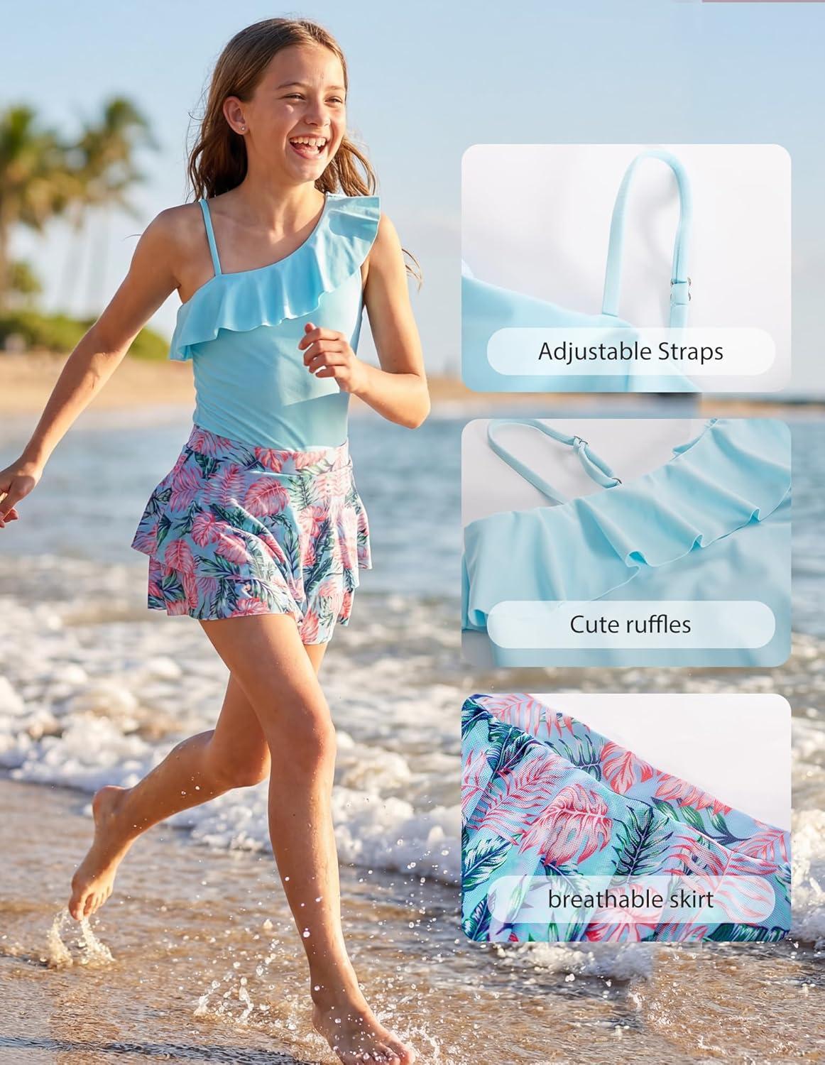 imageGRACE KARIN Girls One Piece Swimsuits with Mesh Skirt Bathing Suit Swimwear 614YBlue