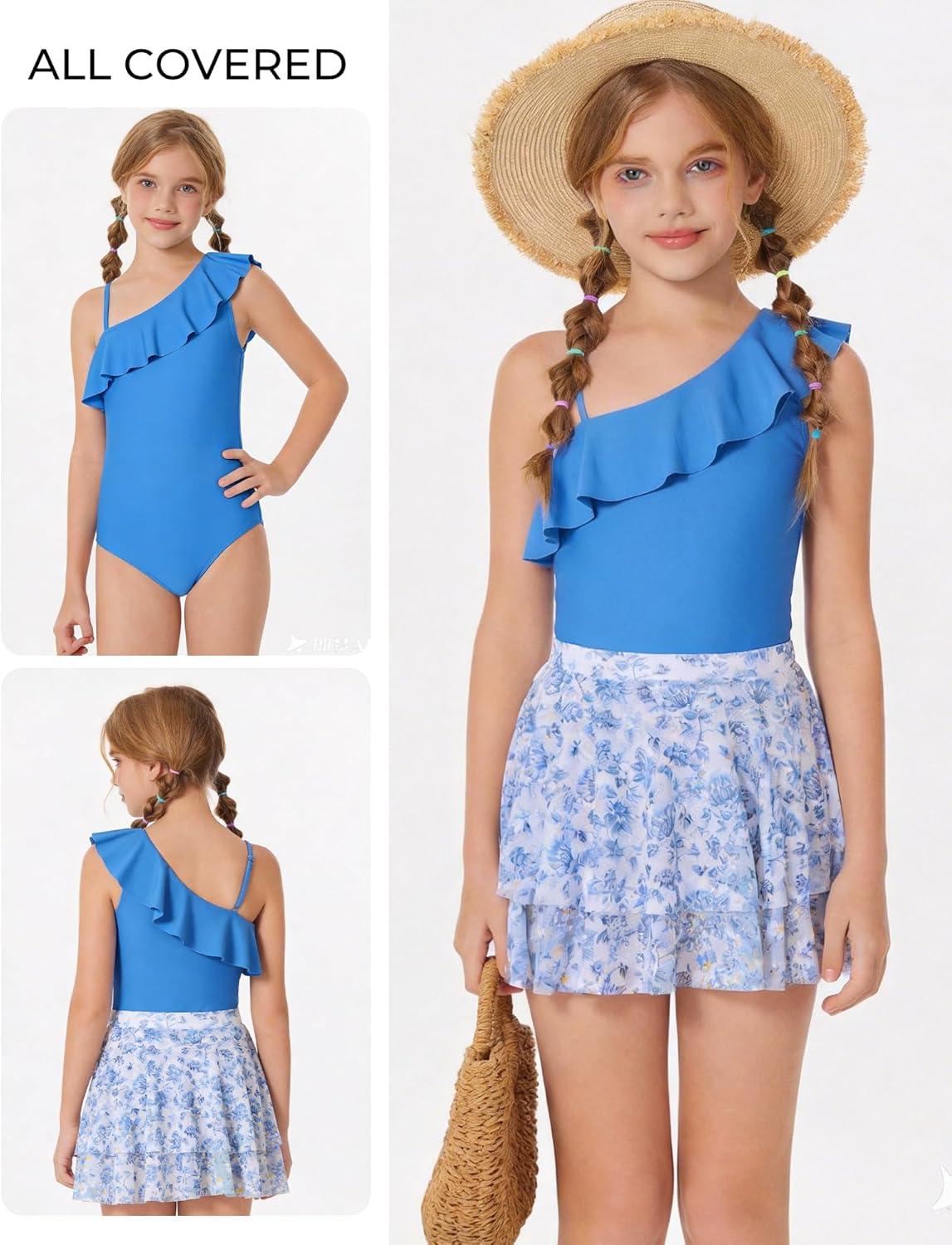 imageGRACE KARIN Girls One Piece Swimsuits with Mesh Skirt Bathing Suit Swimwear 614YBlue Flower