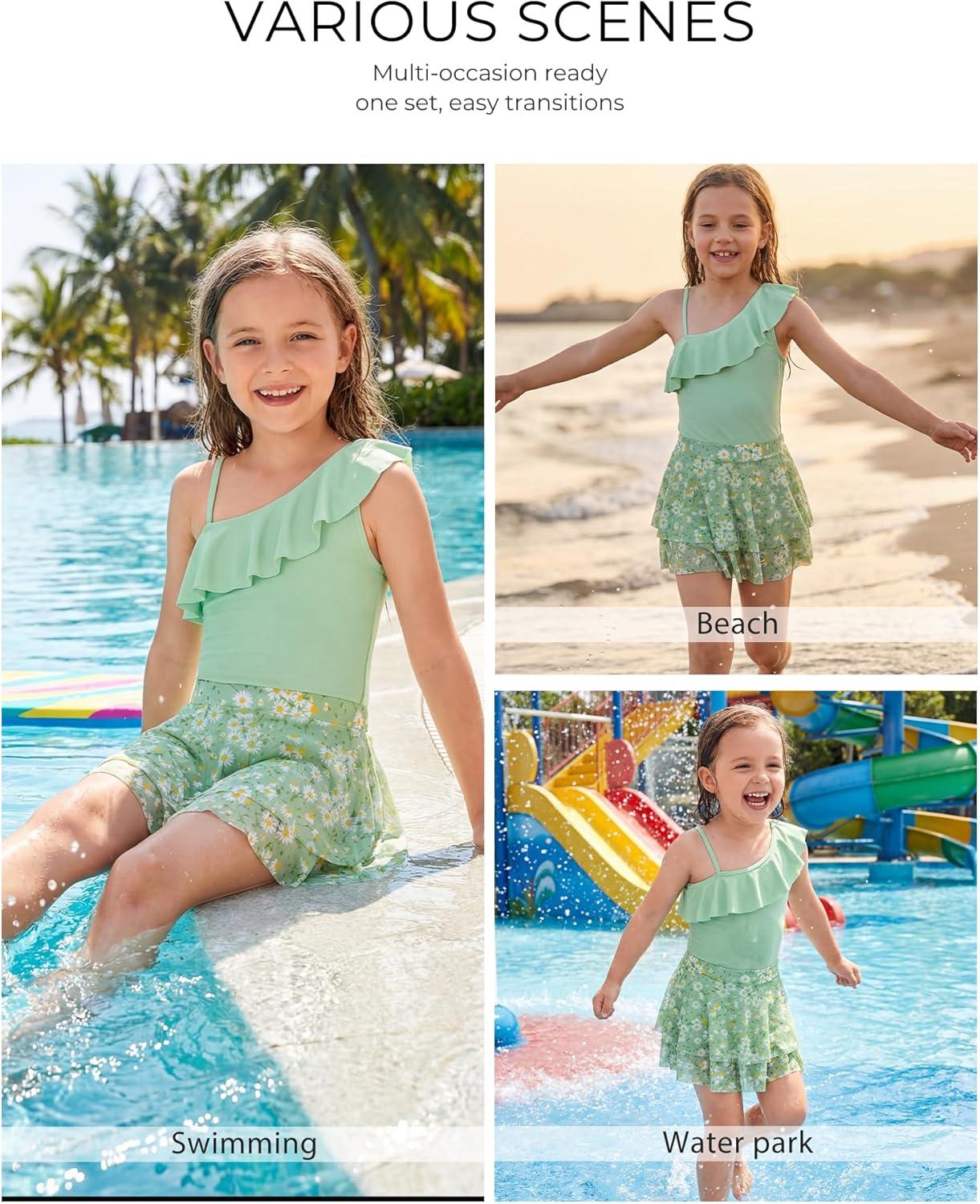 imageGRACE KARIN Girls One Piece Swimsuits with Mesh Skirt Bathing Suit Swimwear 614YGreen