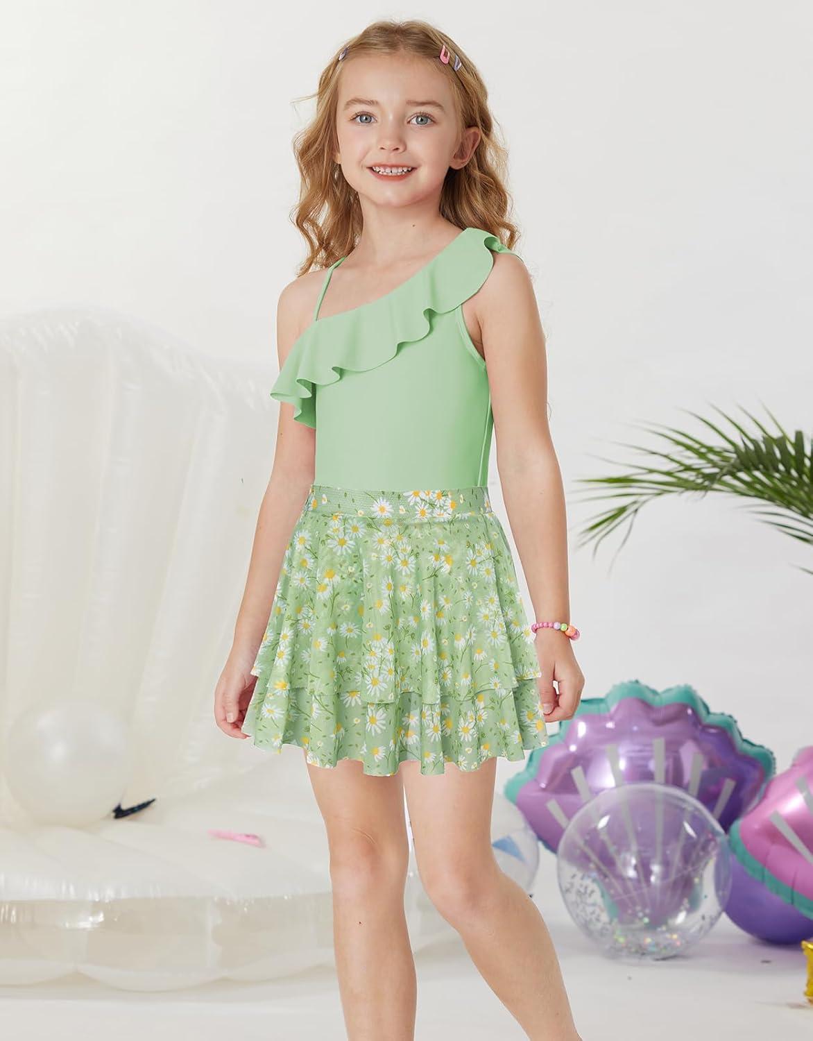 imageGRACE KARIN Girls One Piece Swimsuits with Mesh Skirt Bathing Suit Swimwear 614YGreen