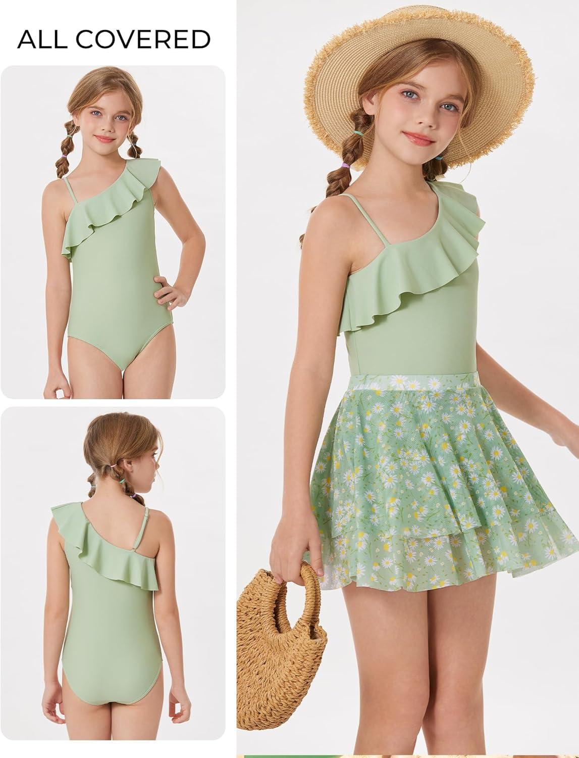 imageGRACE KARIN Girls One Piece Swimsuits with Mesh Skirt Bathing Suit Swimwear 614YGreen