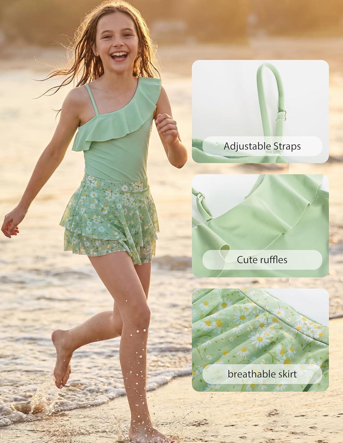 imageGRACE KARIN Girls One Piece Swimsuits with Mesh Skirt Bathing Suit Swimwear 614YGreen