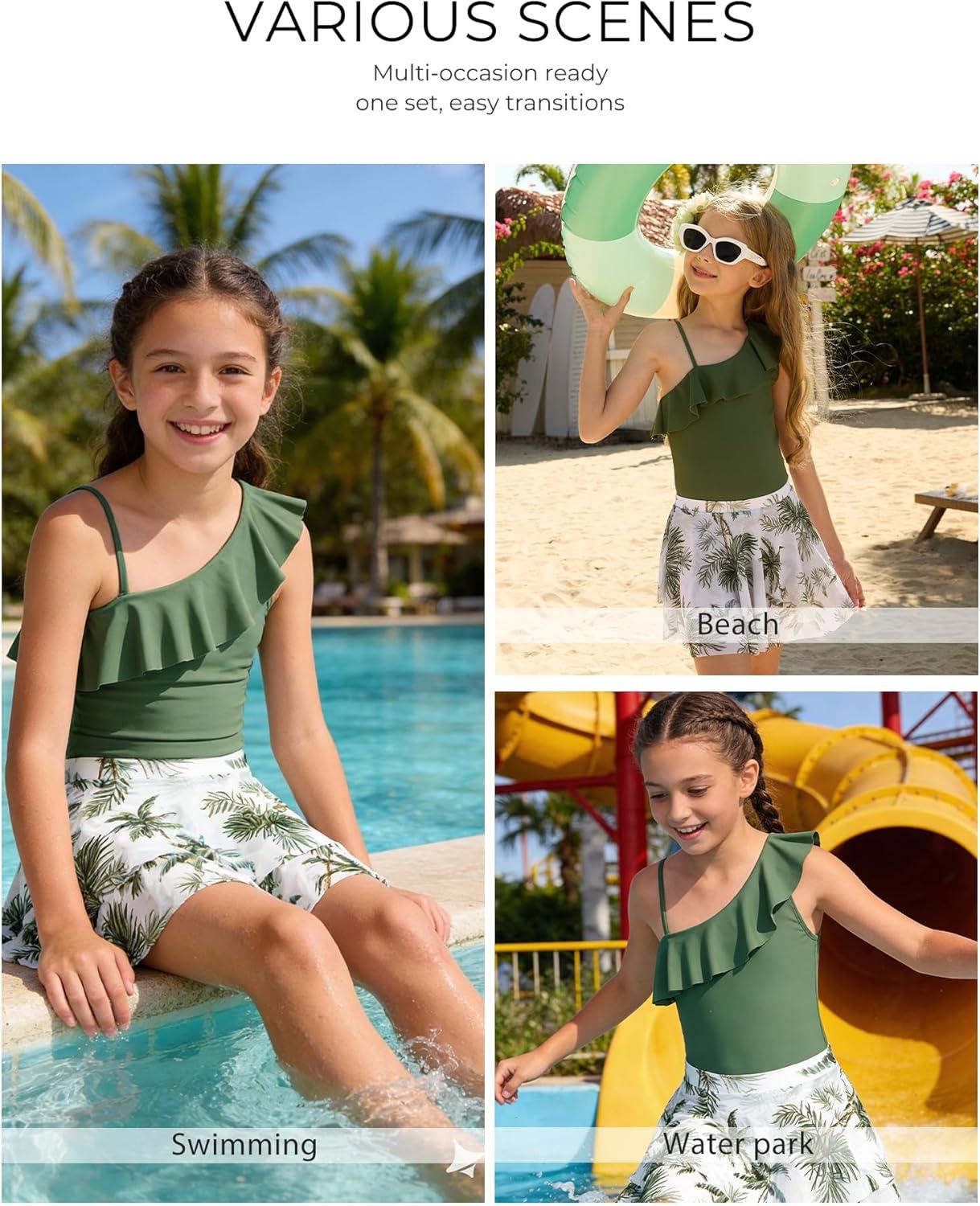 imageGRACE KARIN Girls One Piece Swimsuits with Mesh Skirt Bathing Suit Swimwear 614YGreen Coconut Tree