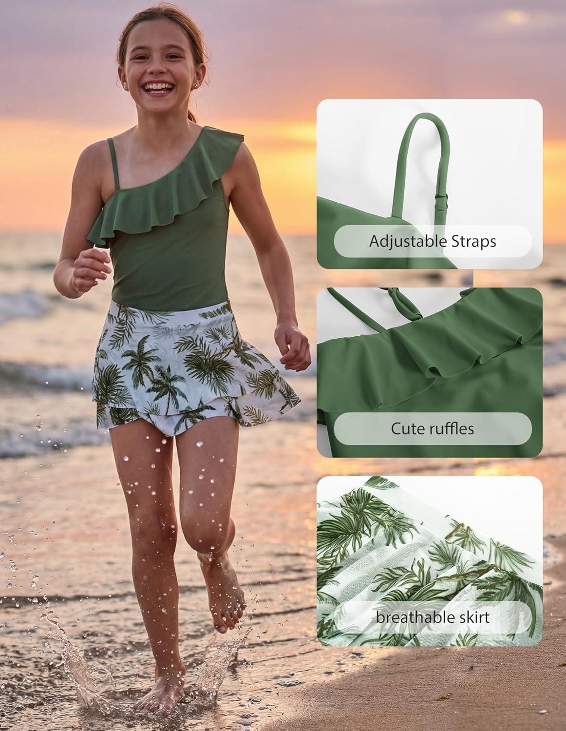imageGRACE KARIN Girls One Piece Swimsuits with Mesh Skirt Bathing Suit Swimwear 614YGreen Coconut Tree