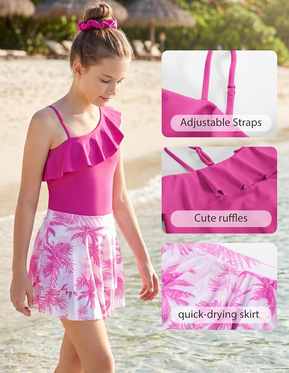 imageGRACE KARIN Girls One Piece Swimsuits with Mesh Skirt Bathing Suit Swimwear 614YHot Pink Coconut Tree