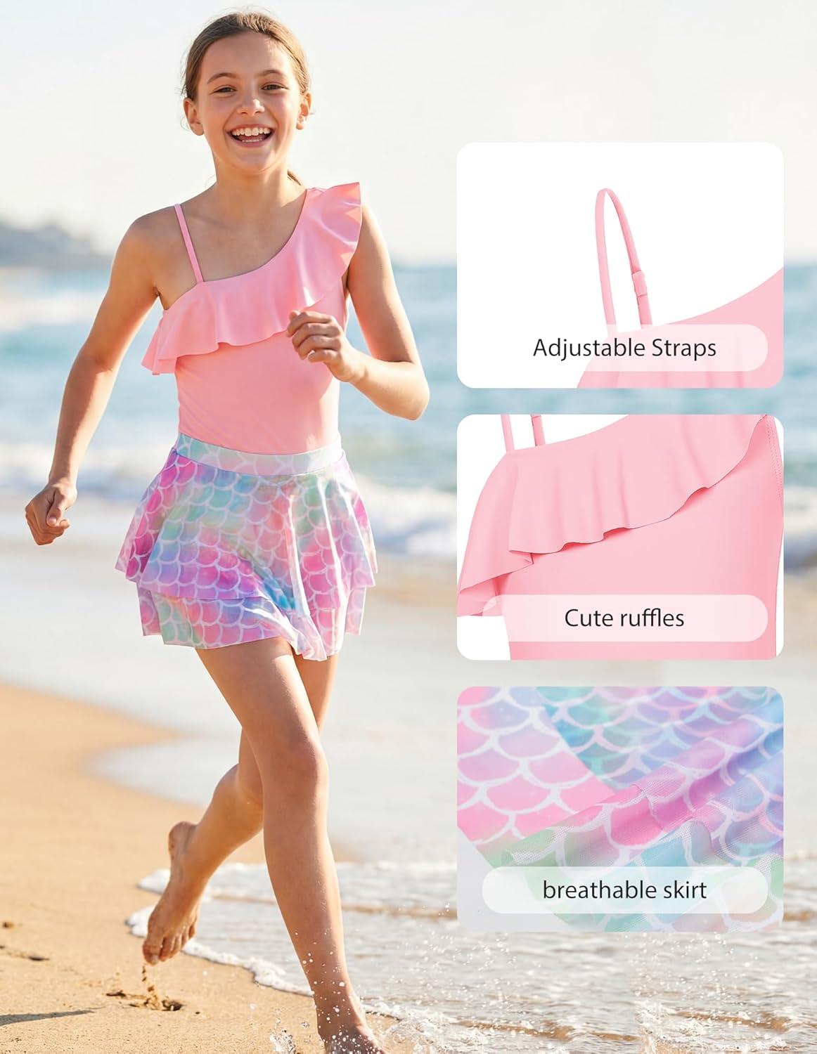 imageGRACE KARIN Girls One Piece Swimsuits with Mesh Skirt Bathing Suit Swimwear 614YLight Pink