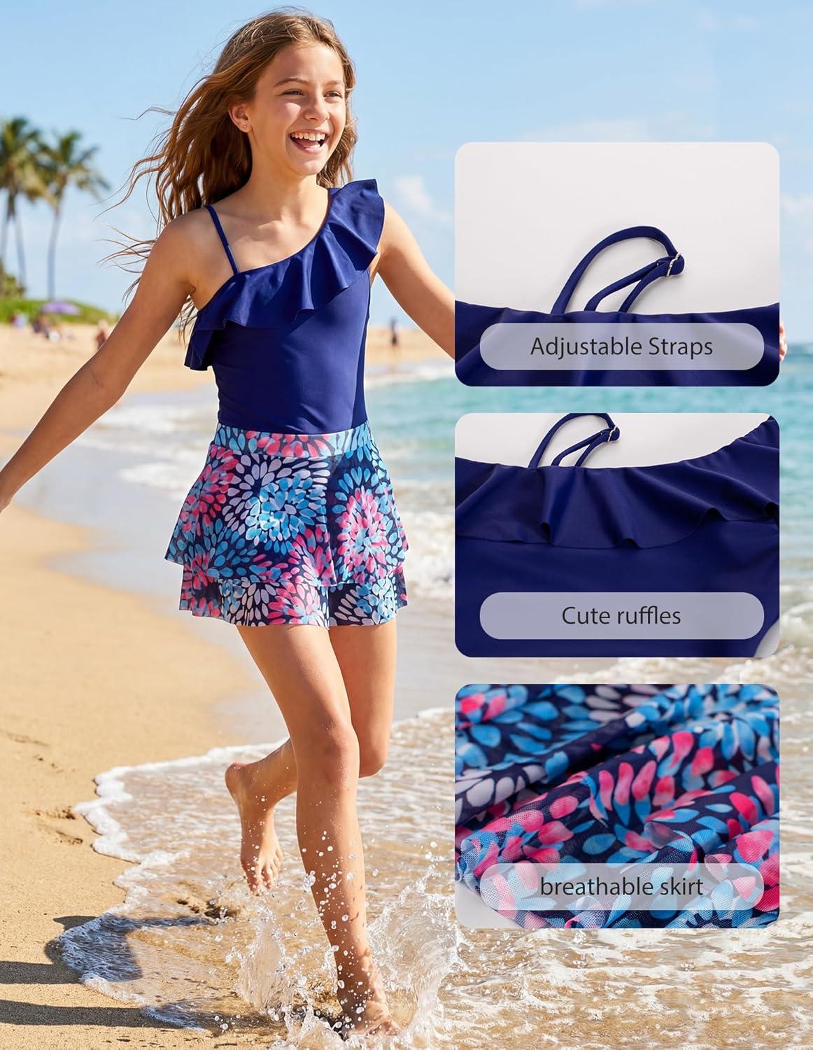 imageGRACE KARIN Girls One Piece Swimsuits with Mesh Skirt Bathing Suit Swimwear 614YNavy Blue