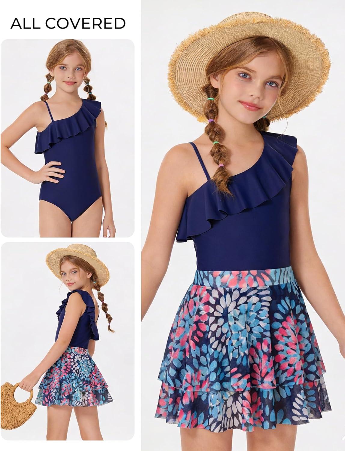 imageGRACE KARIN Girls One Piece Swimsuits with Mesh Skirt Bathing Suit Swimwear 614YNavy Blue