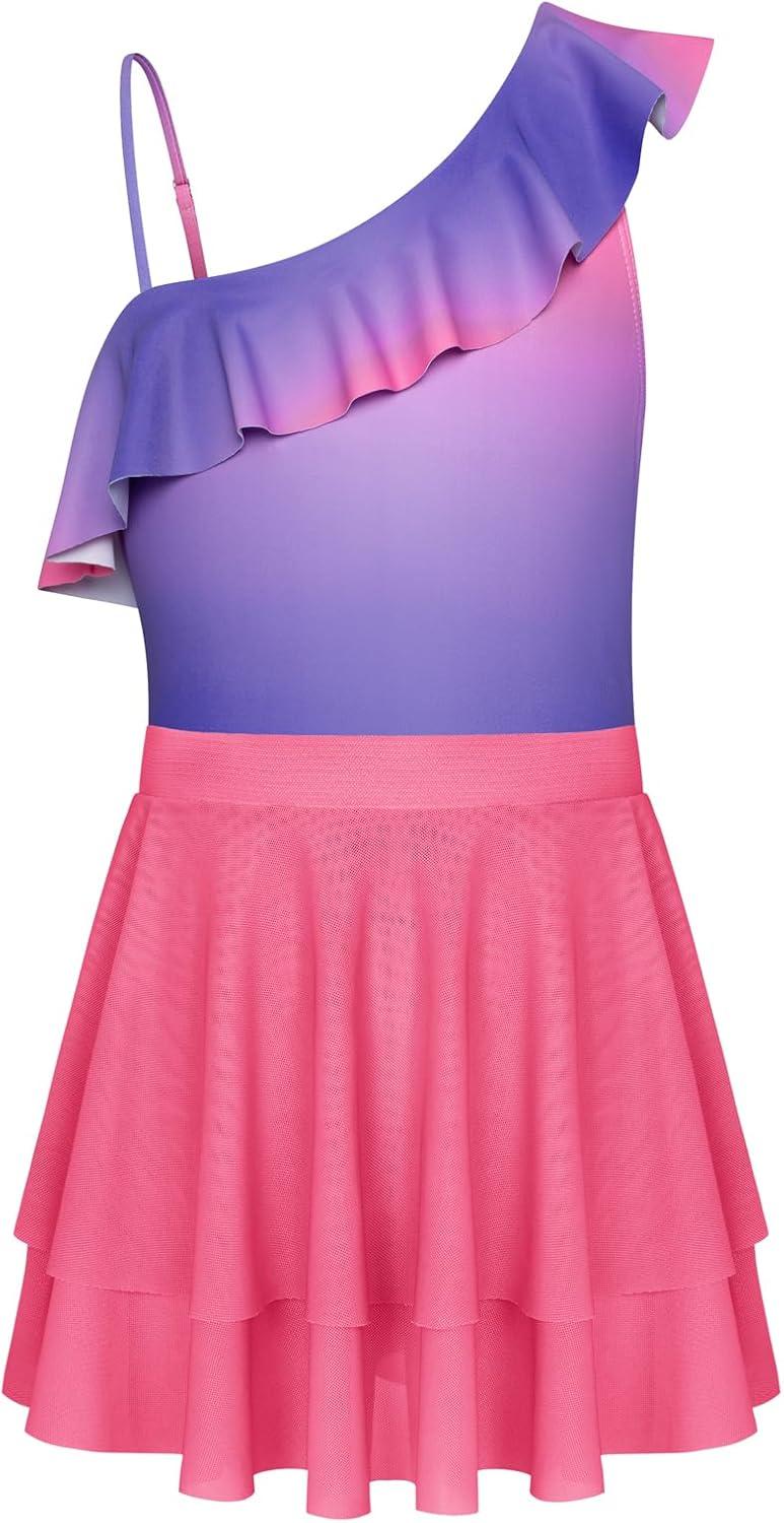 imageGRACE KARIN Girls One Piece Swimsuits with Mesh Skirt Bathing Suit Swimwear 614YRose Purple Gradient
