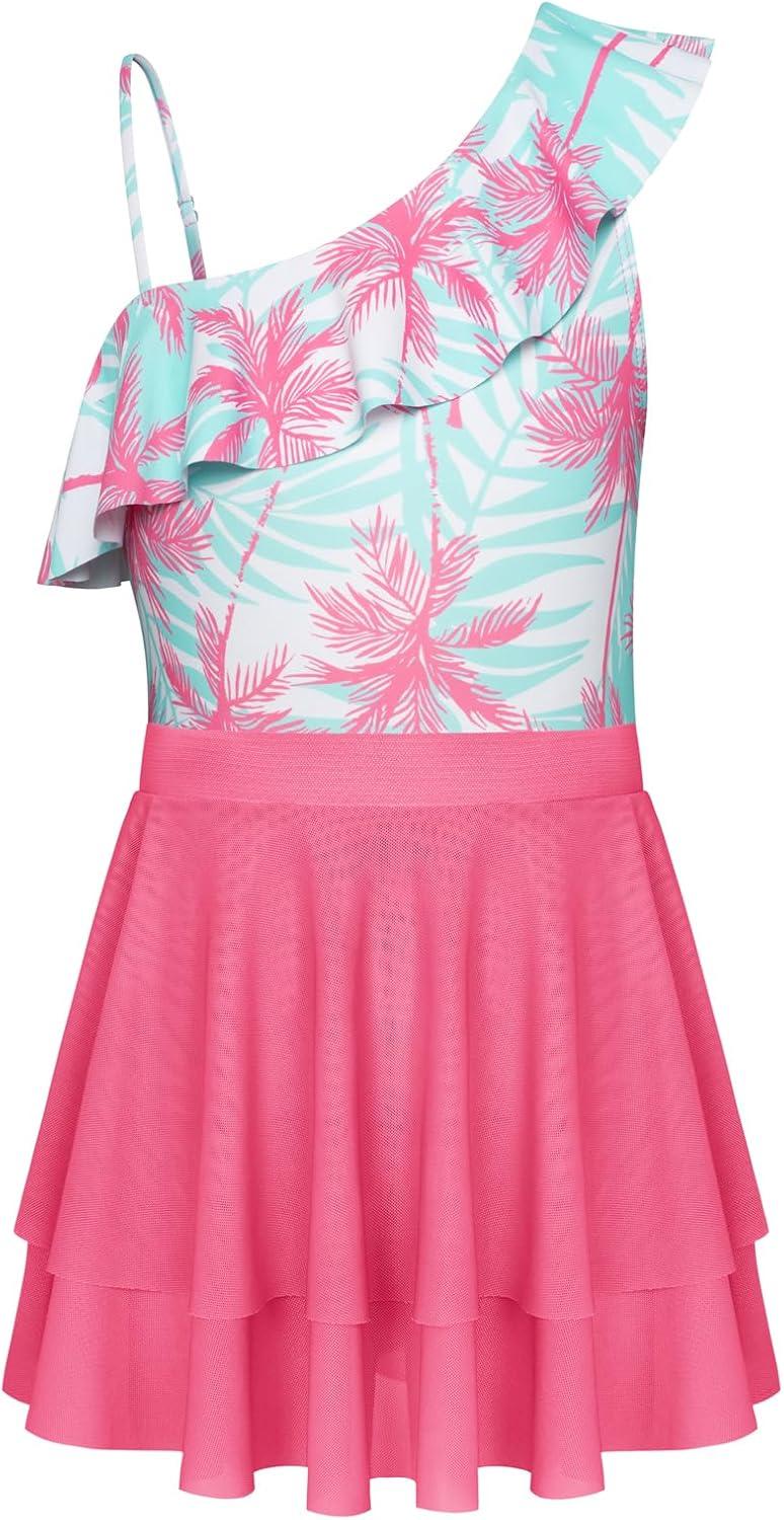imageGRACE KARIN Girls One Piece Swimsuits with Mesh Skirt Bathing Suit Swimwear 614YRose Red Coconut Tree