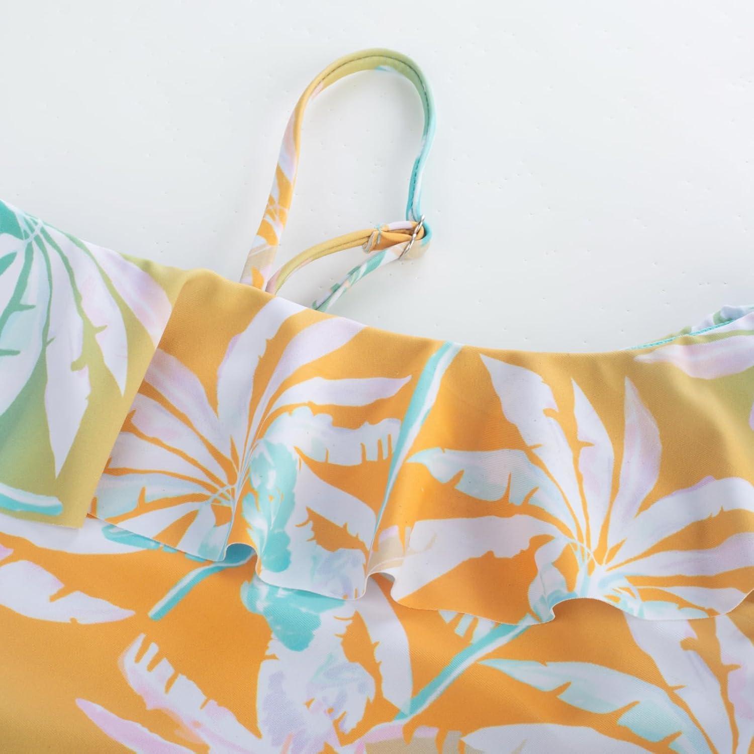 imageGRACE KARIN Girls One Piece Swimsuits with Mesh Skirt Bathing Suit Swimwear 614YYellow Green Coconut Tree
