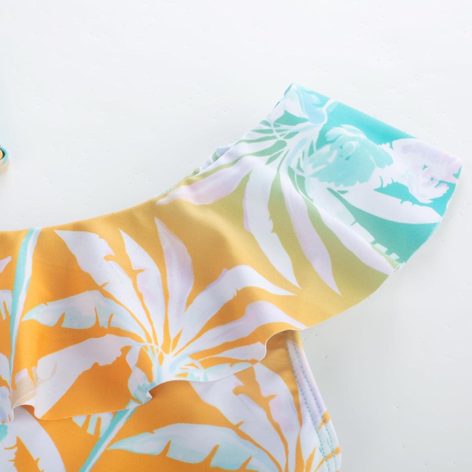 imageGRACE KARIN Girls One Piece Swimsuits with Mesh Skirt Bathing Suit Swimwear 614YYellow Green Coconut Tree