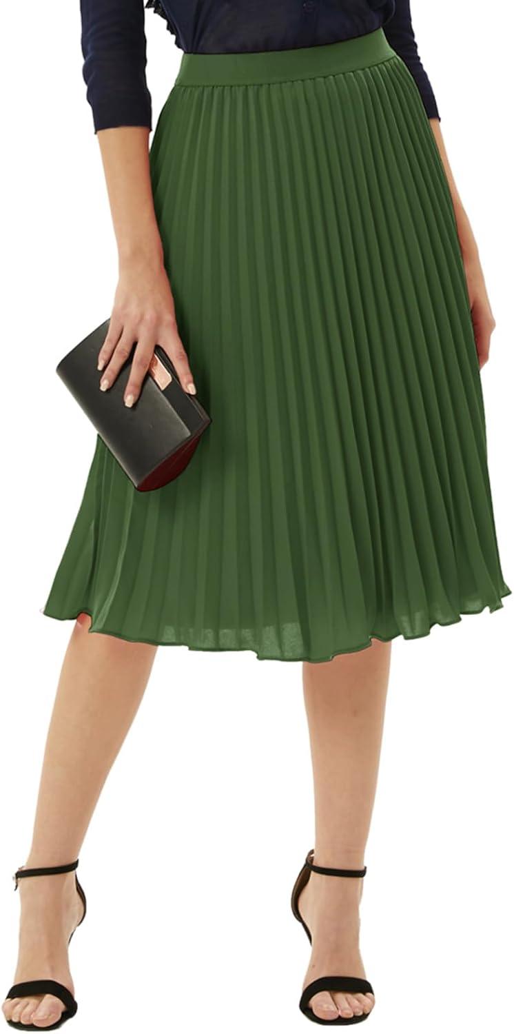imageGRACE KARIN Pleated Midi Skirt for WomenSummer Chiffon Elastic High Waist Knee Length Skirts Swing ALine Boho OutfitsAmry Green