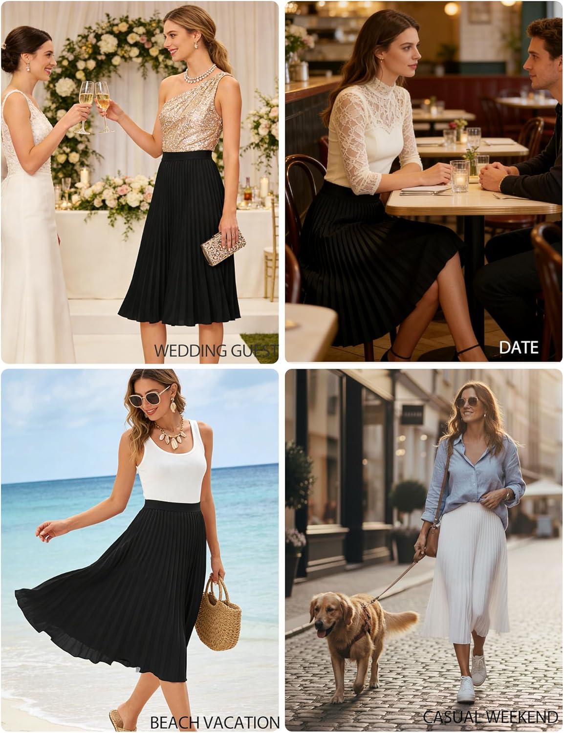 imageGRACE KARIN Pleated Midi Skirt for WomenSummer Chiffon Elastic High Waist Knee Length Skirts Swing ALine Boho OutfitsBlack