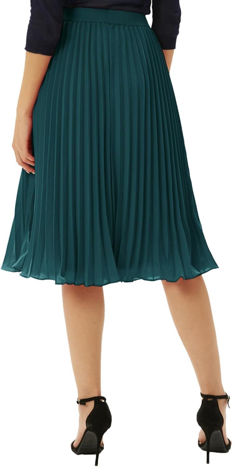 imageGRACE KARIN Pleated Midi Skirt for WomenSummer Chiffon Elastic High Waist Knee Length Skirts Swing ALine Boho OutfitsBlackish Green