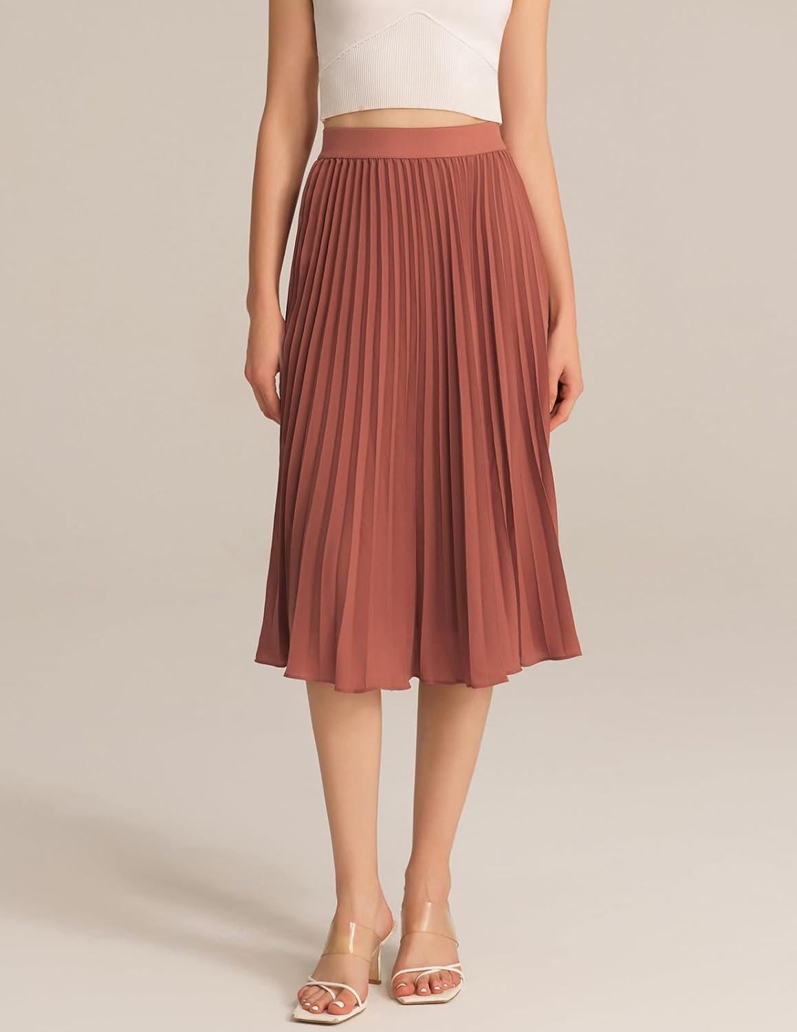imageGRACE KARIN Pleated Midi Skirt for WomenSummer Chiffon Elastic High Waist Knee Length Skirts Swing ALine Boho OutfitsBrown