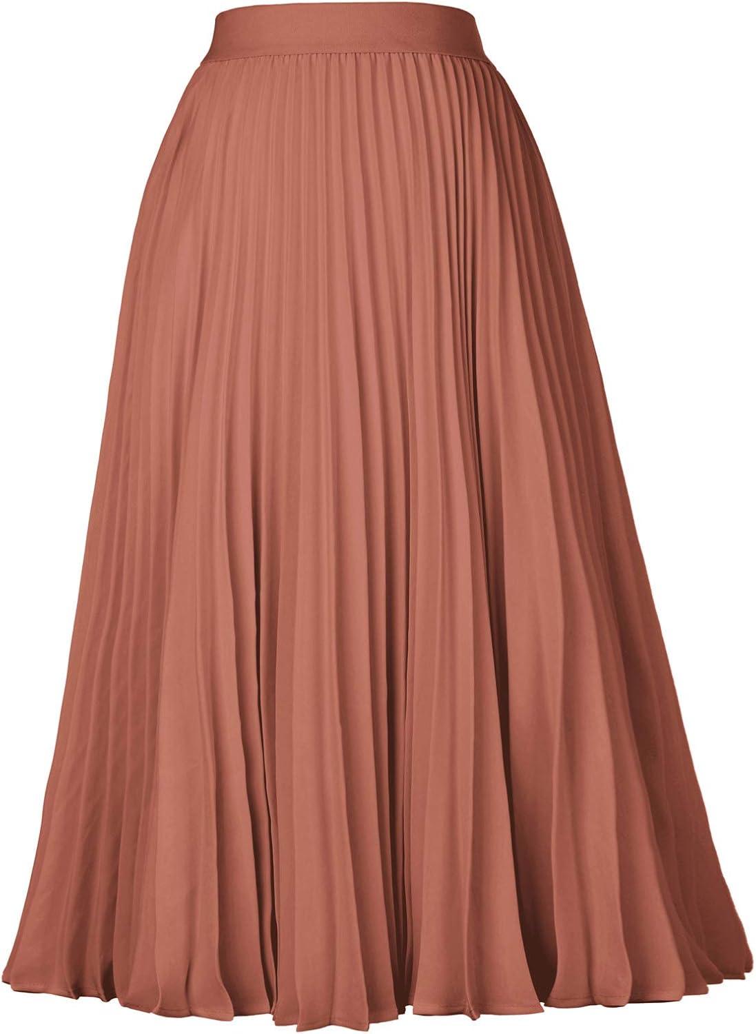 imageGRACE KARIN Pleated Midi Skirt for WomenSummer Chiffon Elastic High Waist Knee Length Skirts Swing ALine Boho OutfitsBrown
