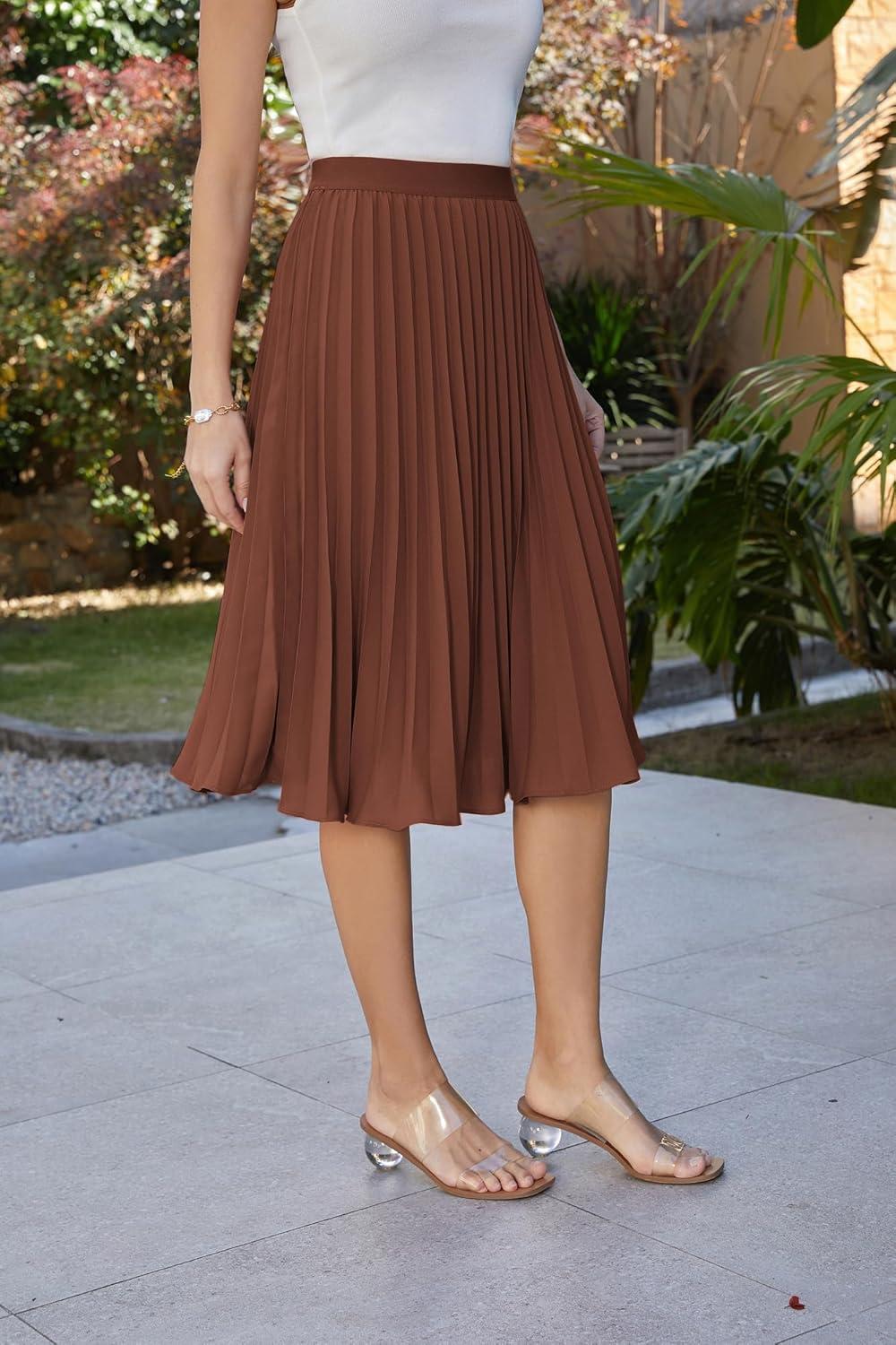 imageGRACE KARIN Pleated Midi Skirt for WomenSummer Chiffon Elastic High Waist Knee Length Skirts Swing ALine Boho OutfitsCaramel