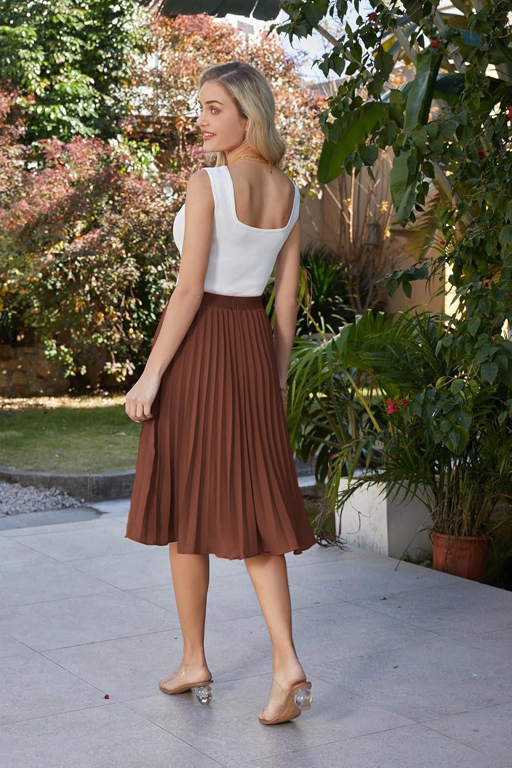 imageGRACE KARIN Pleated Midi Skirt for WomenSummer Chiffon Elastic High Waist Knee Length Skirts Swing ALine Boho OutfitsCaramel