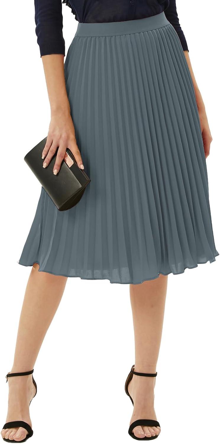 imageGRACE KARIN Pleated Midi Skirt for WomenSummer Chiffon Elastic High Waist Knee Length Skirts Swing ALine Boho OutfitsDark Gray