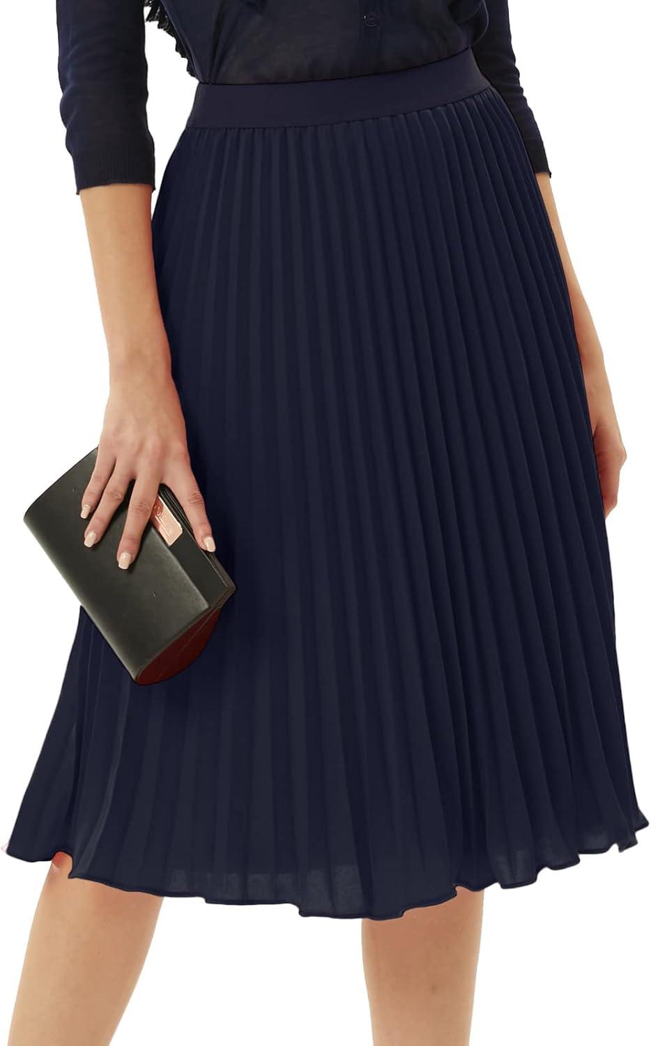 imageGRACE KARIN Pleated Midi Skirt for WomenSummer Chiffon Elastic High Waist Knee Length Skirts Swing ALine Boho OutfitsDark Navy