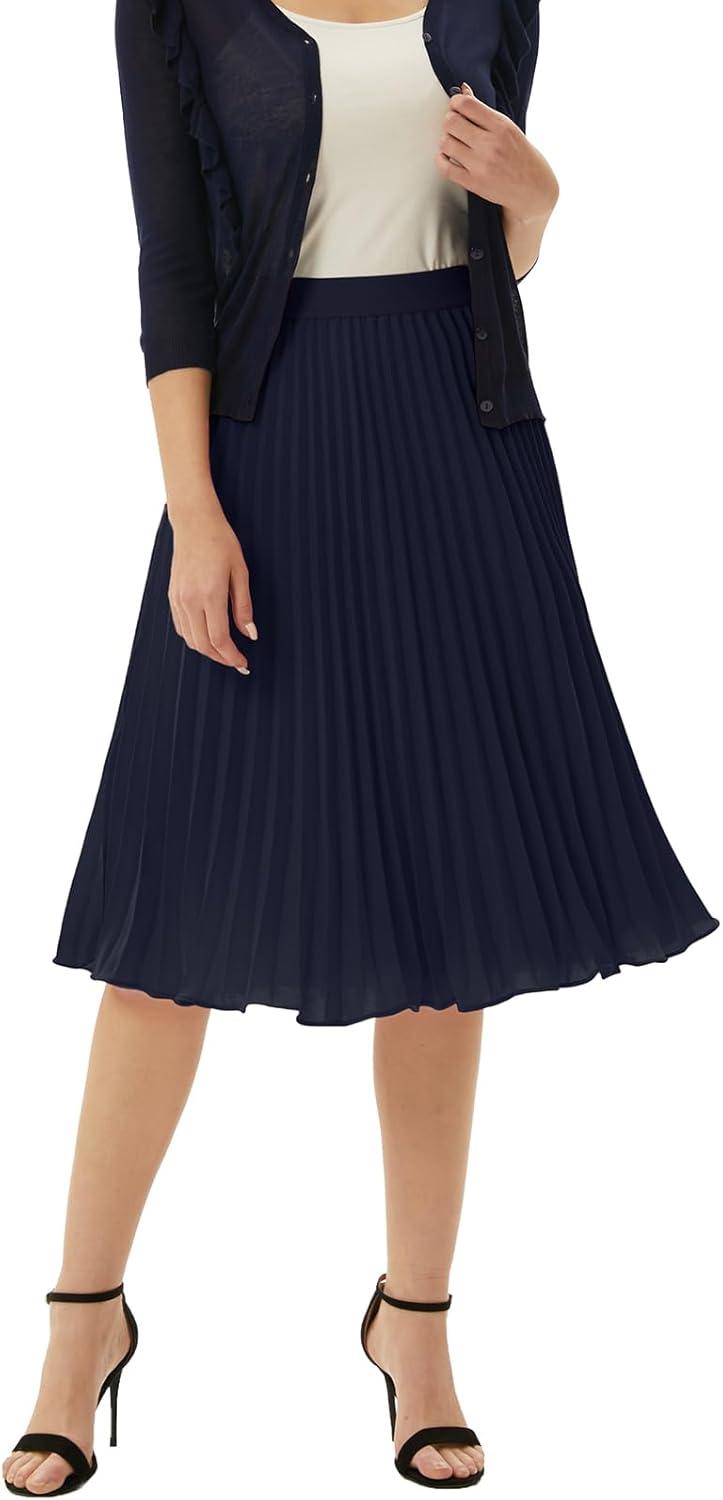 imageGRACE KARIN Pleated Midi Skirt for WomenSummer Chiffon Elastic High Waist Knee Length Skirts Swing ALine Boho OutfitsDark Navy