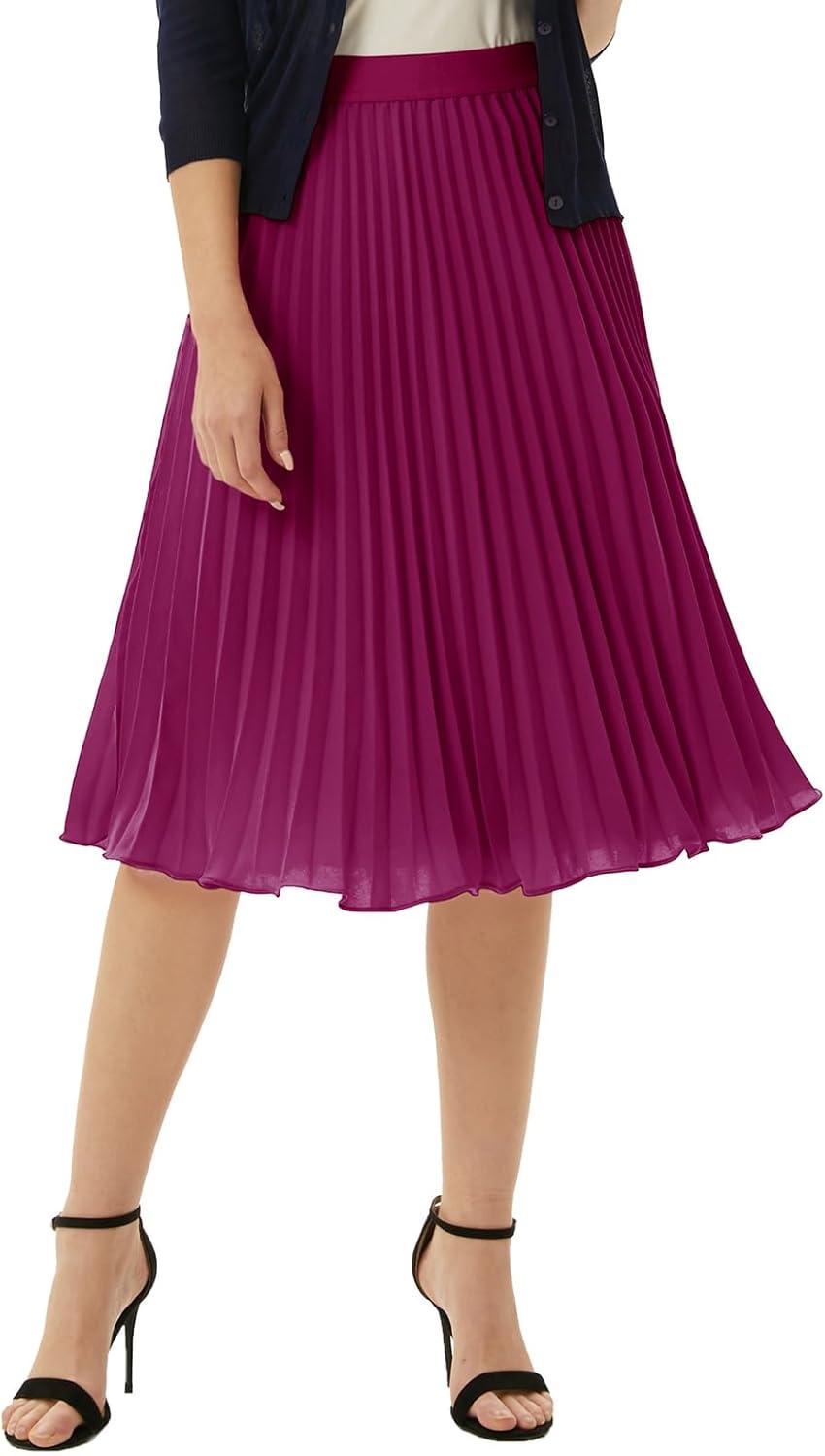 imageGRACE KARIN Pleated Midi Skirt for WomenSummer Chiffon Elastic High Waist Knee Length Skirts Swing ALine Boho OutfitsDark Purple