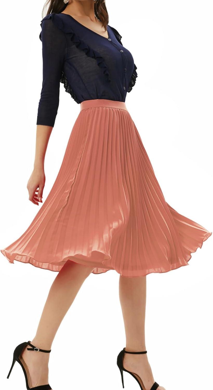 imageGRACE KARIN Pleated Midi Skirt for WomenSummer Chiffon Elastic High Waist Knee Length Skirts Swing ALine Boho OutfitsDark Salmon