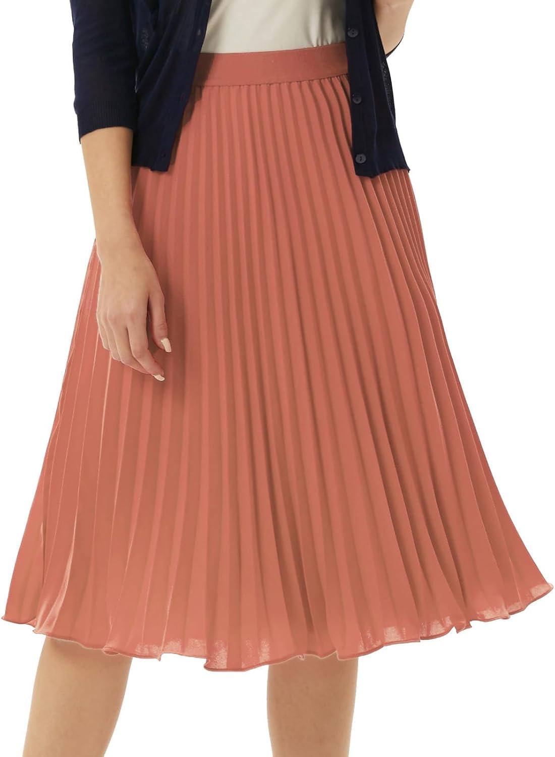 imageGRACE KARIN Pleated Midi Skirt for WomenSummer Chiffon Elastic High Waist Knee Length Skirts Swing ALine Boho OutfitsDark Salmon