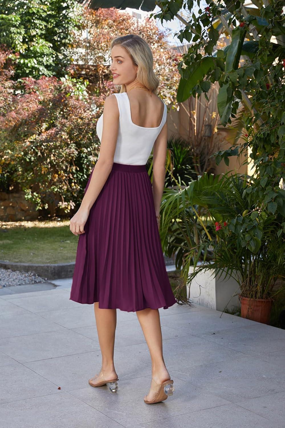 imageGRACE KARIN Pleated Midi Skirt for WomenSummer Chiffon Elastic High Waist Knee Length Skirts Swing ALine Boho OutfitsDeep Purple