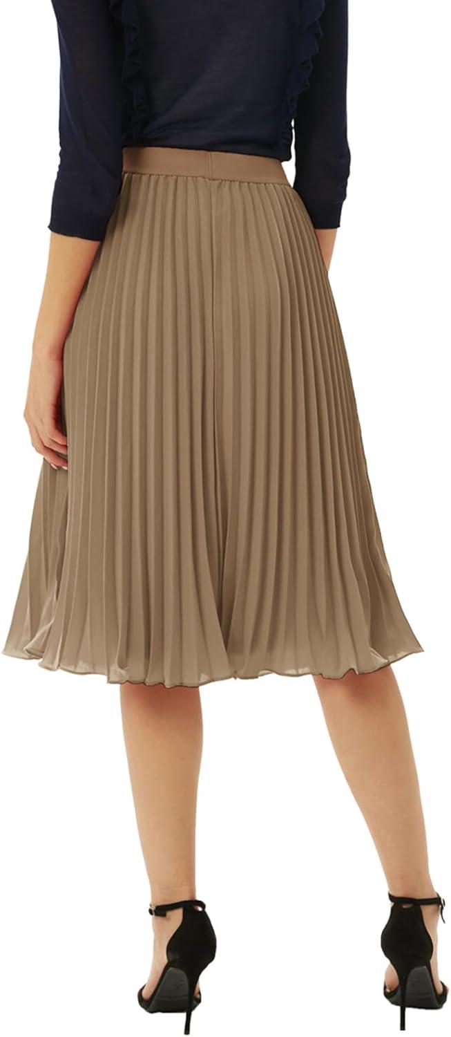 imageGRACE KARIN Pleated Midi Skirt for WomenSummer Chiffon Elastic High Waist Knee Length Skirts Swing ALine Boho OutfitsKhaki