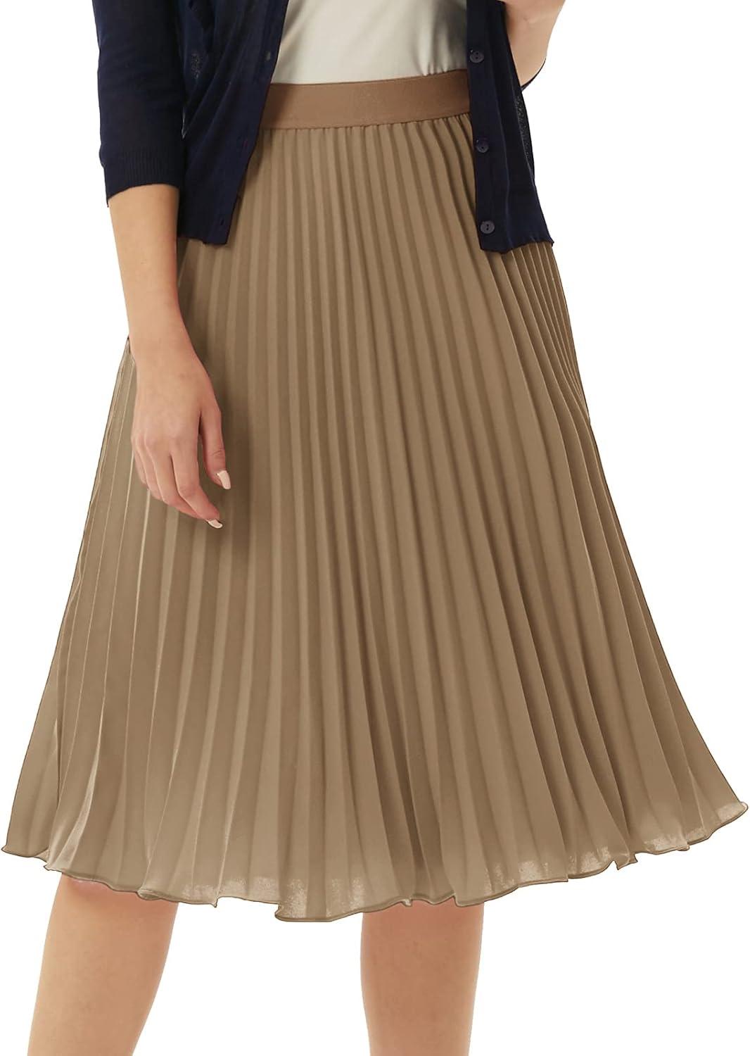 imageGRACE KARIN Pleated Midi Skirt for WomenSummer Chiffon Elastic High Waist Knee Length Skirts Swing ALine Boho OutfitsKhaki