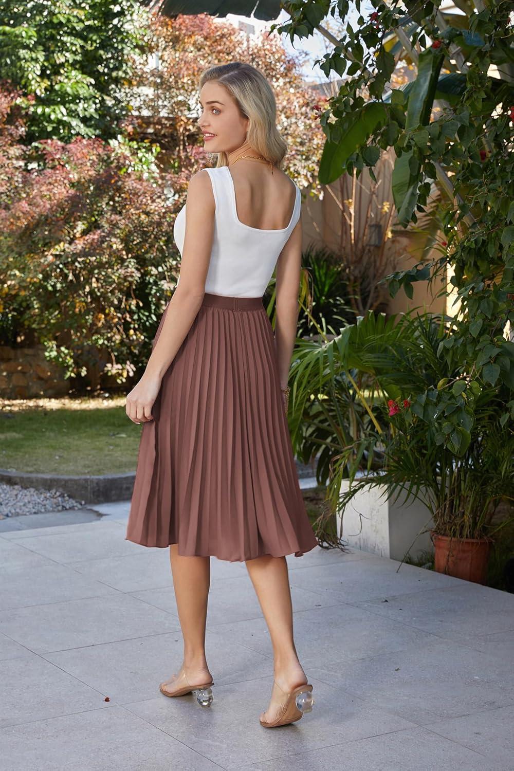 imageGRACE KARIN Pleated Midi Skirt for WomenSummer Chiffon Elastic High Waist Knee Length Skirts Swing ALine Boho OutfitsLight Brown
