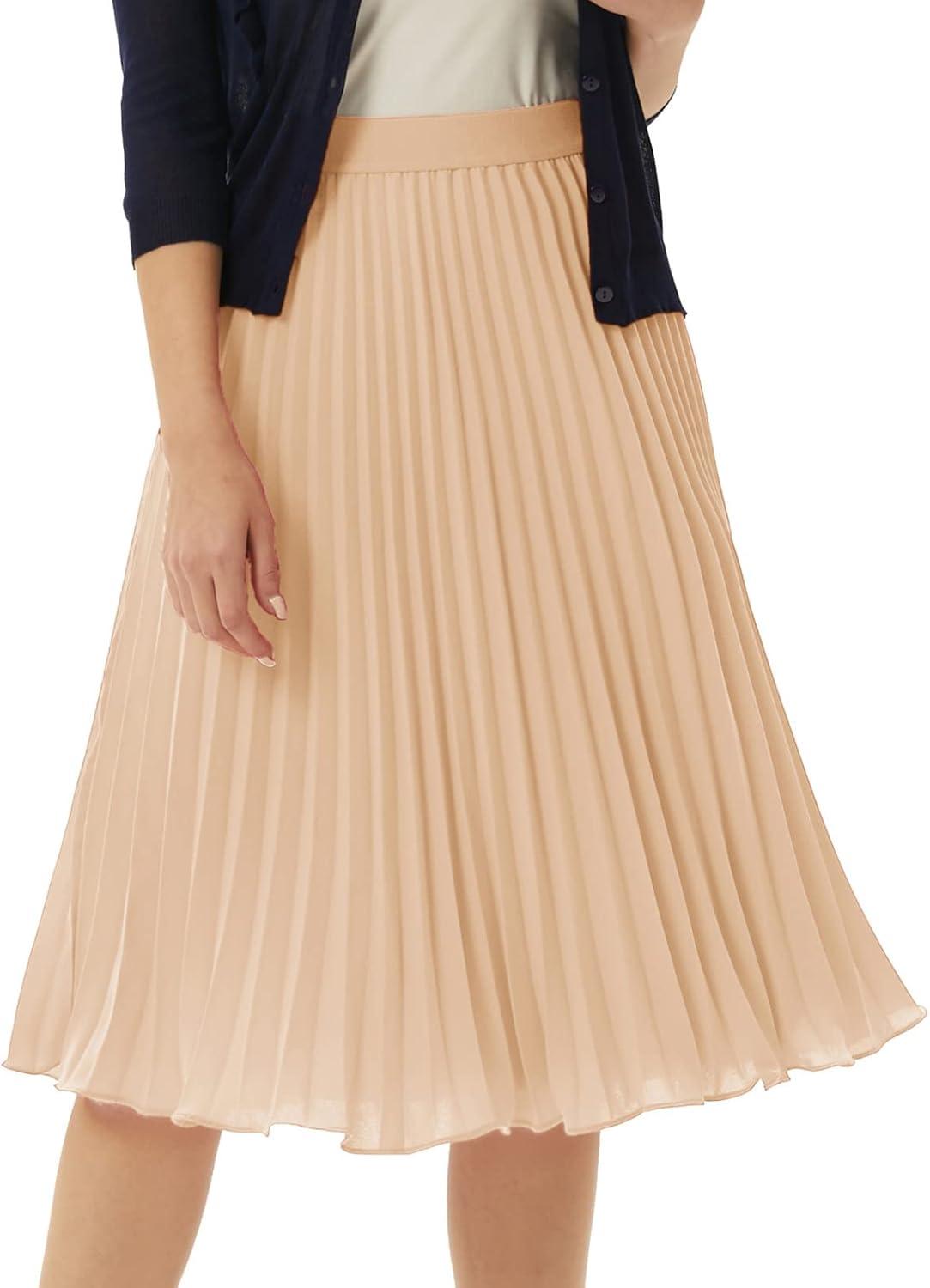 imageGRACE KARIN Pleated Midi Skirt for WomenSummer Chiffon Elastic High Waist Knee Length Skirts Swing ALine Boho OutfitsLight Khaki