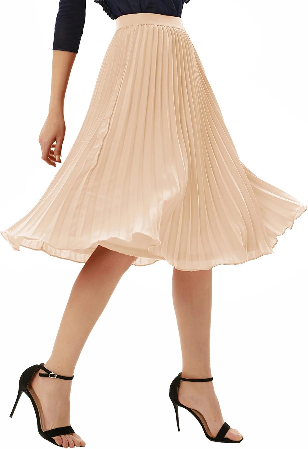 imageGRACE KARIN Pleated Midi Skirt for WomenSummer Chiffon Elastic High Waist Knee Length Skirts Swing ALine Boho OutfitsLight Khaki