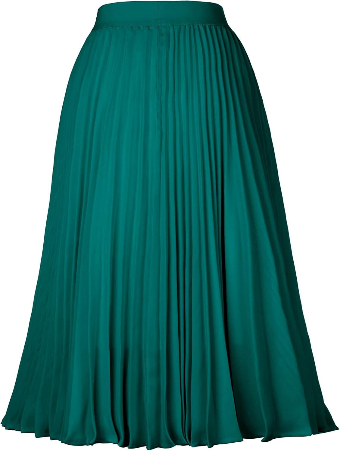 imageGRACE KARIN Pleated Midi Skirt for WomenSummer Chiffon Elastic High Waist Knee Length Skirts Swing ALine Boho OutfitsPeacock Blue