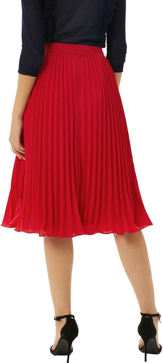 imageGRACE KARIN Pleated Midi Skirt for WomenSummer Chiffon Elastic High Waist Knee Length Skirts Swing ALine Boho OutfitsRed