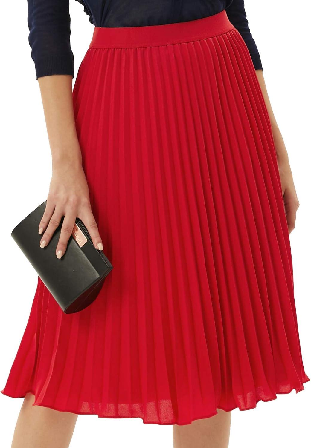 imageGRACE KARIN Pleated Midi Skirt for WomenSummer Chiffon Elastic High Waist Knee Length Skirts Swing ALine Boho OutfitsRed