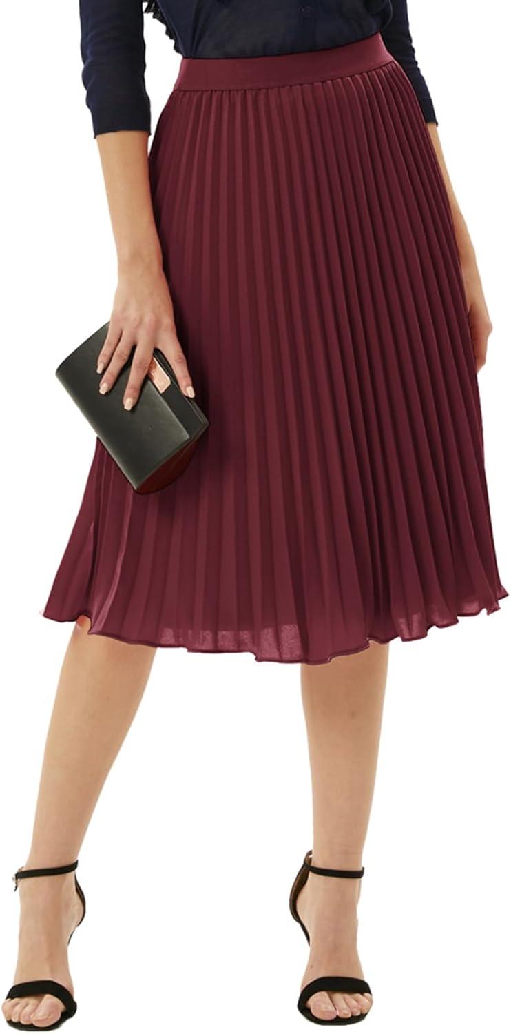 imageGRACE KARIN Pleated Midi Skirt for WomenSummer Chiffon Elastic High Waist Knee Length Skirts Swing ALine Boho OutfitsWine Red