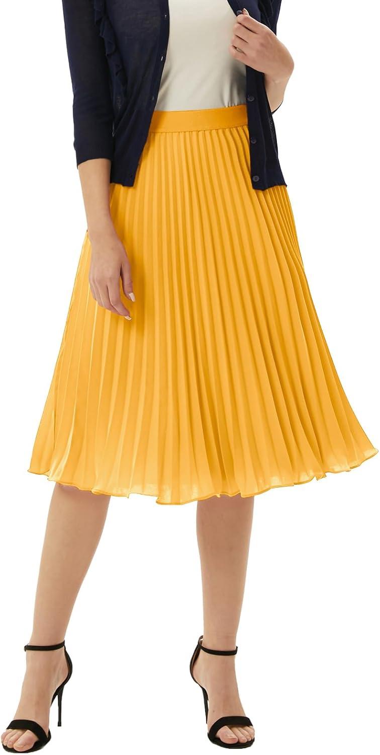 imageGRACE KARIN Pleated Midi Skirt for WomenSummer Chiffon Elastic High Waist Knee Length Skirts Swing ALine Boho OutfitsYellow