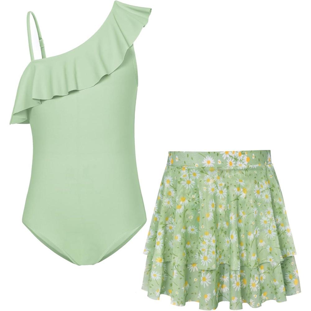 imageGRACE KARIN Girls One Piece Swimsuits with Mesh Skirt Bathing Suit Swimwear 614YGreen