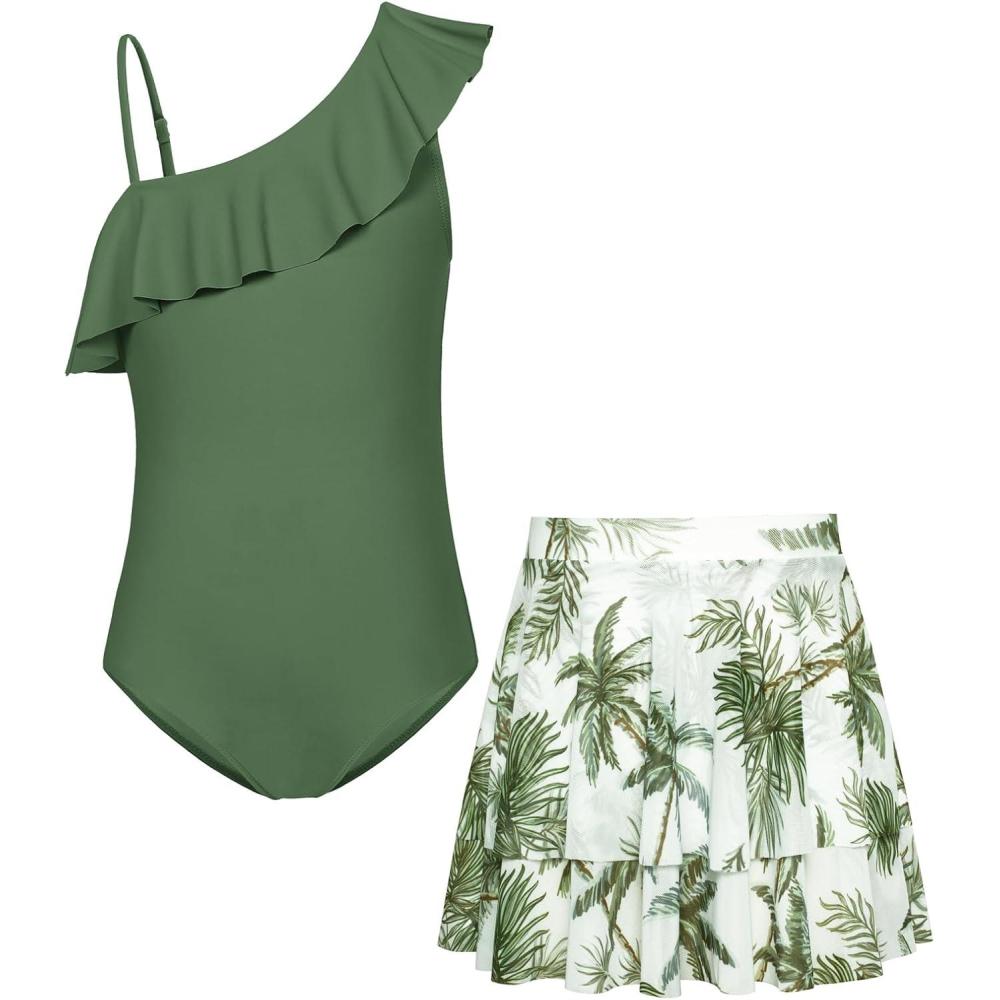 imageGRACE KARIN Girls One Piece Swimsuits with Mesh Skirt Bathing Suit Swimwear 614YGreen Coconut Tree