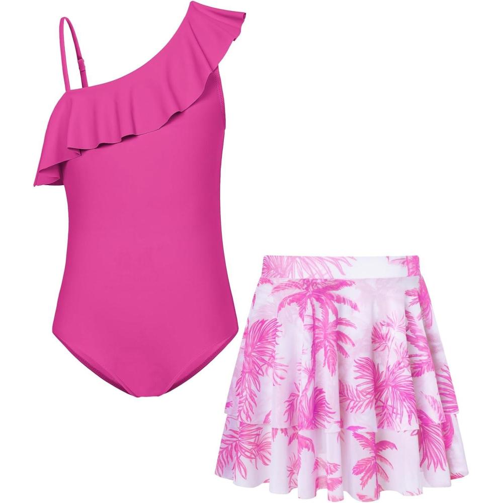 imageGRACE KARIN Girls One Piece Swimsuits with Mesh Skirt Bathing Suit Swimwear 614YHot Pink Coconut Tree