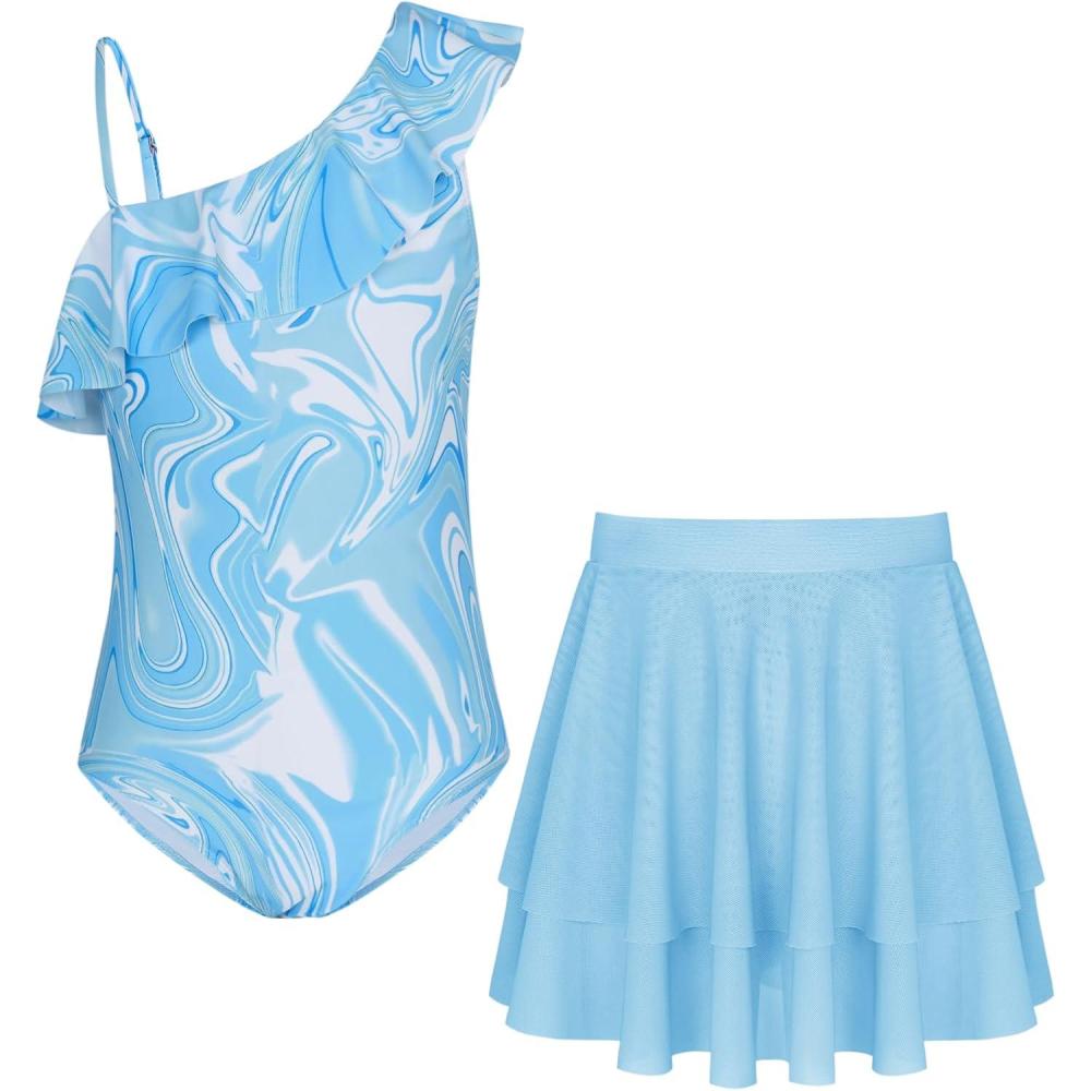 imageGRACE KARIN Girls One Piece Swimsuits with Mesh Skirt Bathing Suit Swimwear 614YLight Blue Fluid