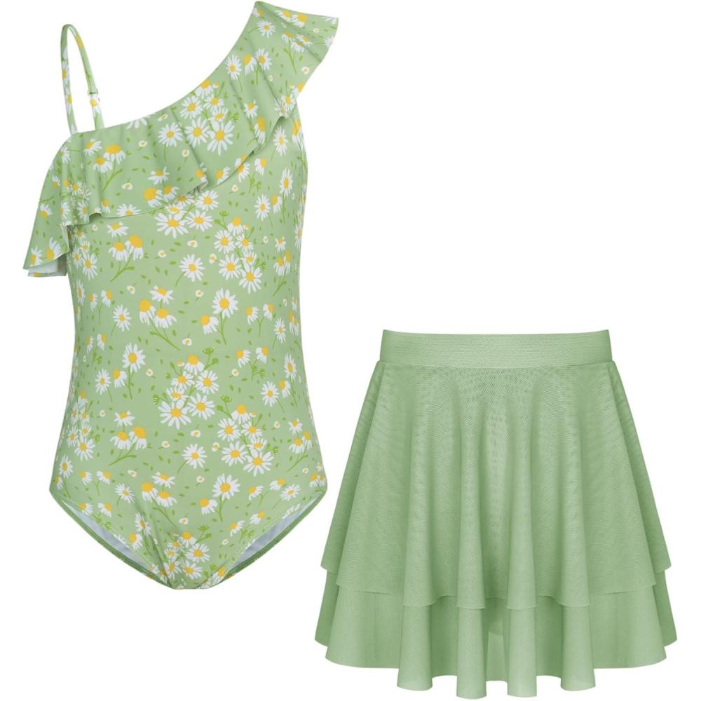 imageGRACE KARIN Girls One Piece Swimsuits with Mesh Skirt Bathing Suit Swimwear 614YLight Green Daisy